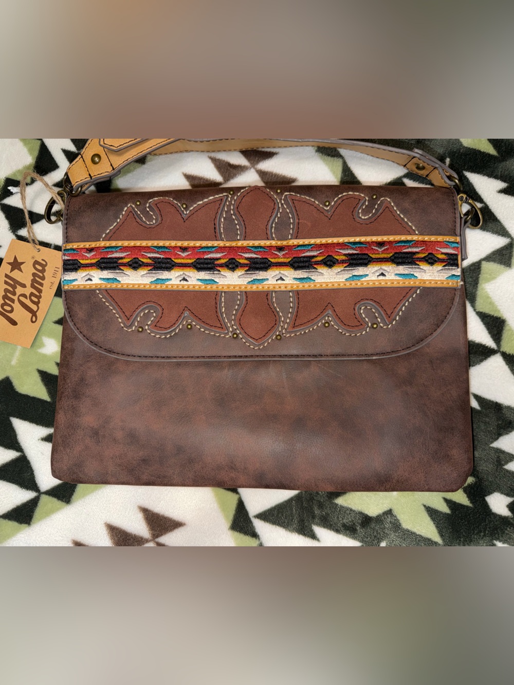 Tony Lama Brown Leather Crossbody Colorful Southwestern Stripe bag New w/ Tag - Picture 2 of 7